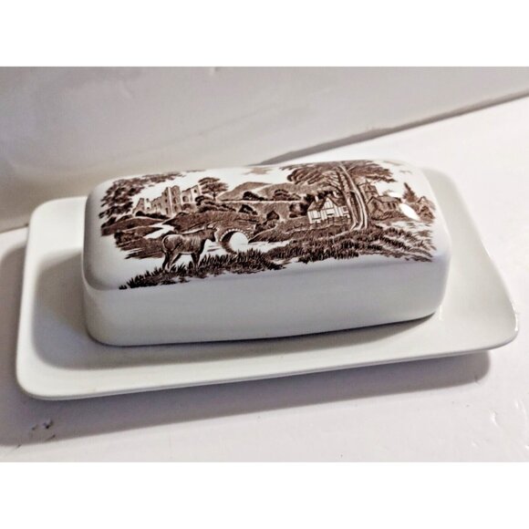 Studio J. & G. Meakin Ironstone Lidded Butter Dish, Brown Rural England Scene - Picture 1 of 12